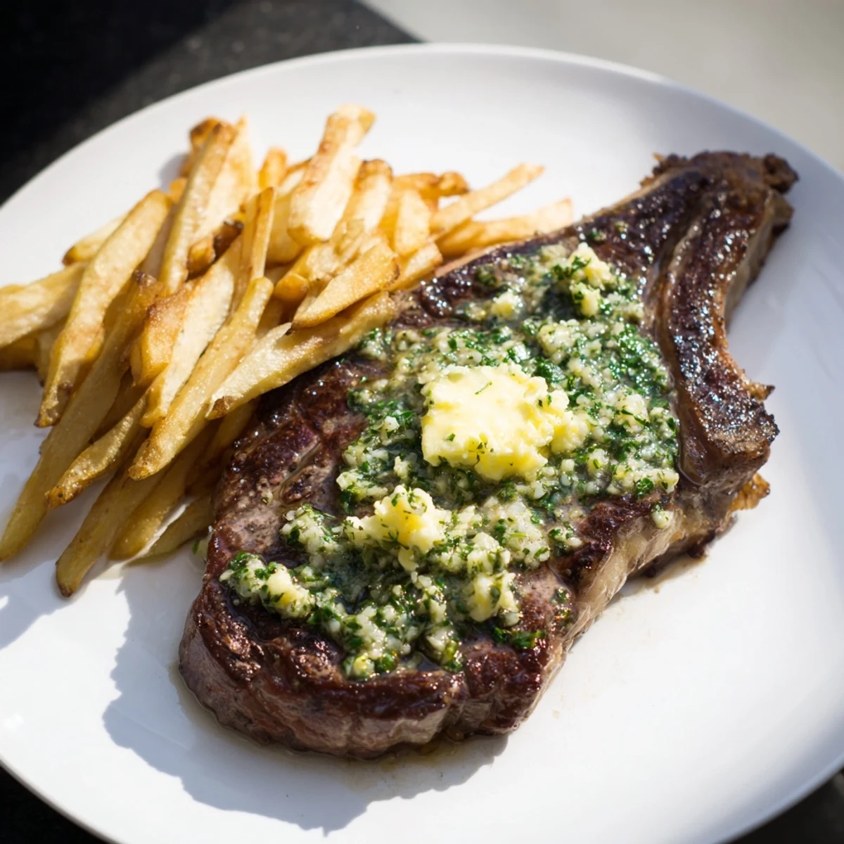 Juicy Steakhouse garlic butter steak, seared perfectly, topped with melting herb butter and served with golden fries.