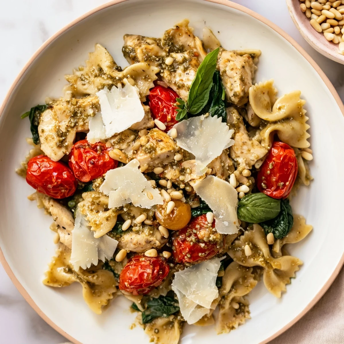 Steaming bowl of pesto chicken bowtie pasta, showcasing tender chicken and vibrant green pesto.