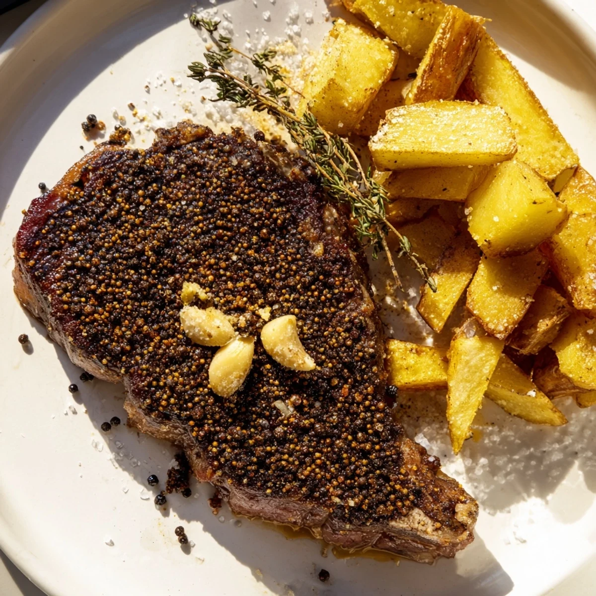 Sizzling Classic Peppercorn Ribeye, perfectly seared, served alongside a pile of delicious, crispy fries.