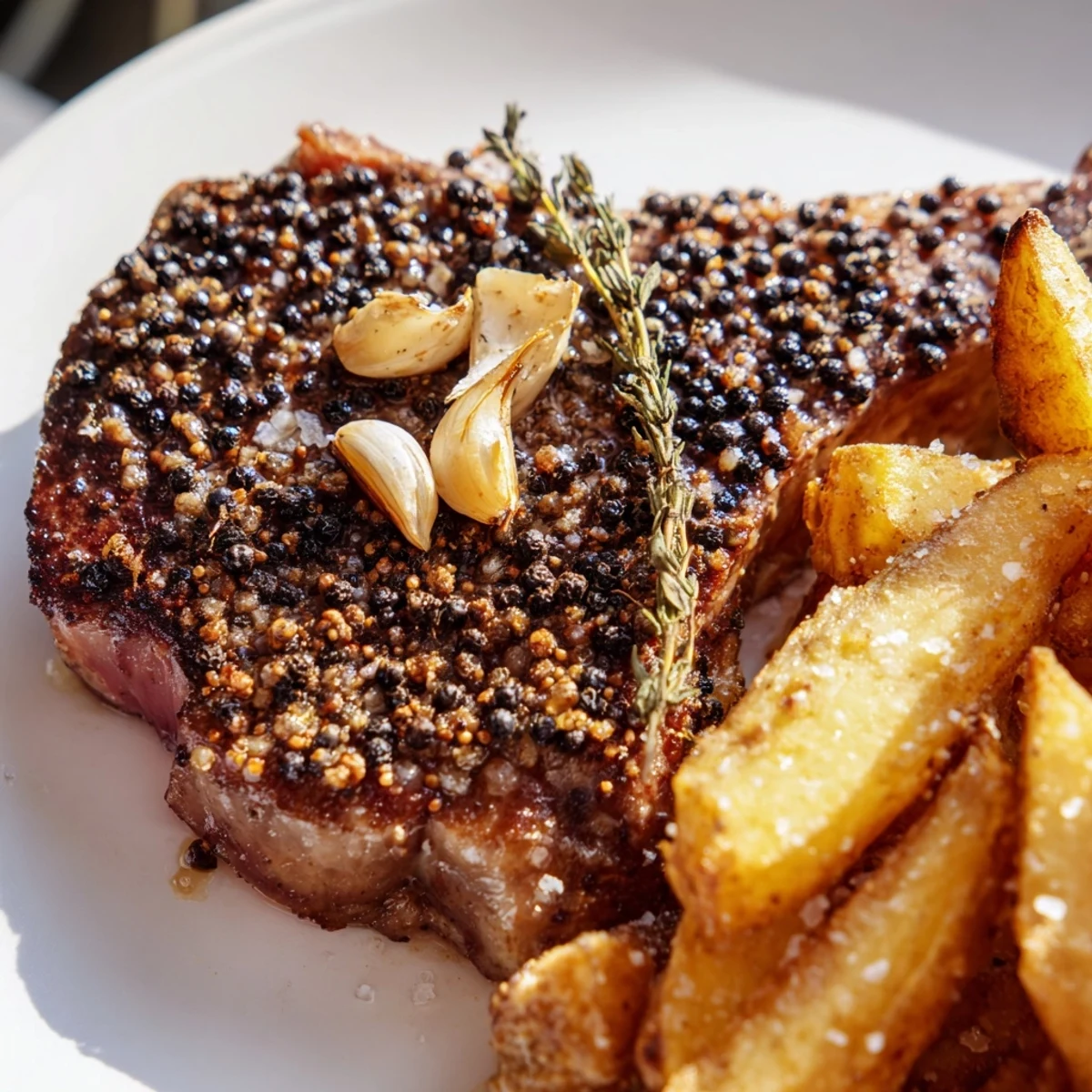 A beautifully plated Classic Peppercorn Ribeye with golden, crispy fries, drizzled with peppercorn sauce.
