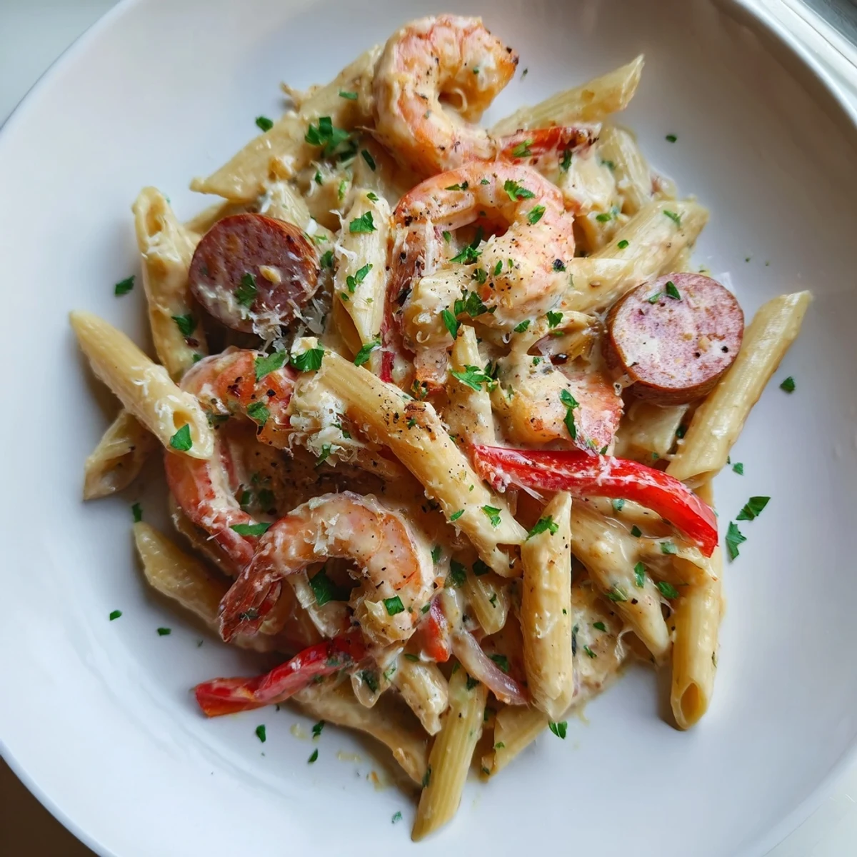 Delicious Cajun Sausage & Shrimp Alfredo Pasta: a vibrant photo showing shrimp and sausage in rich sauce.