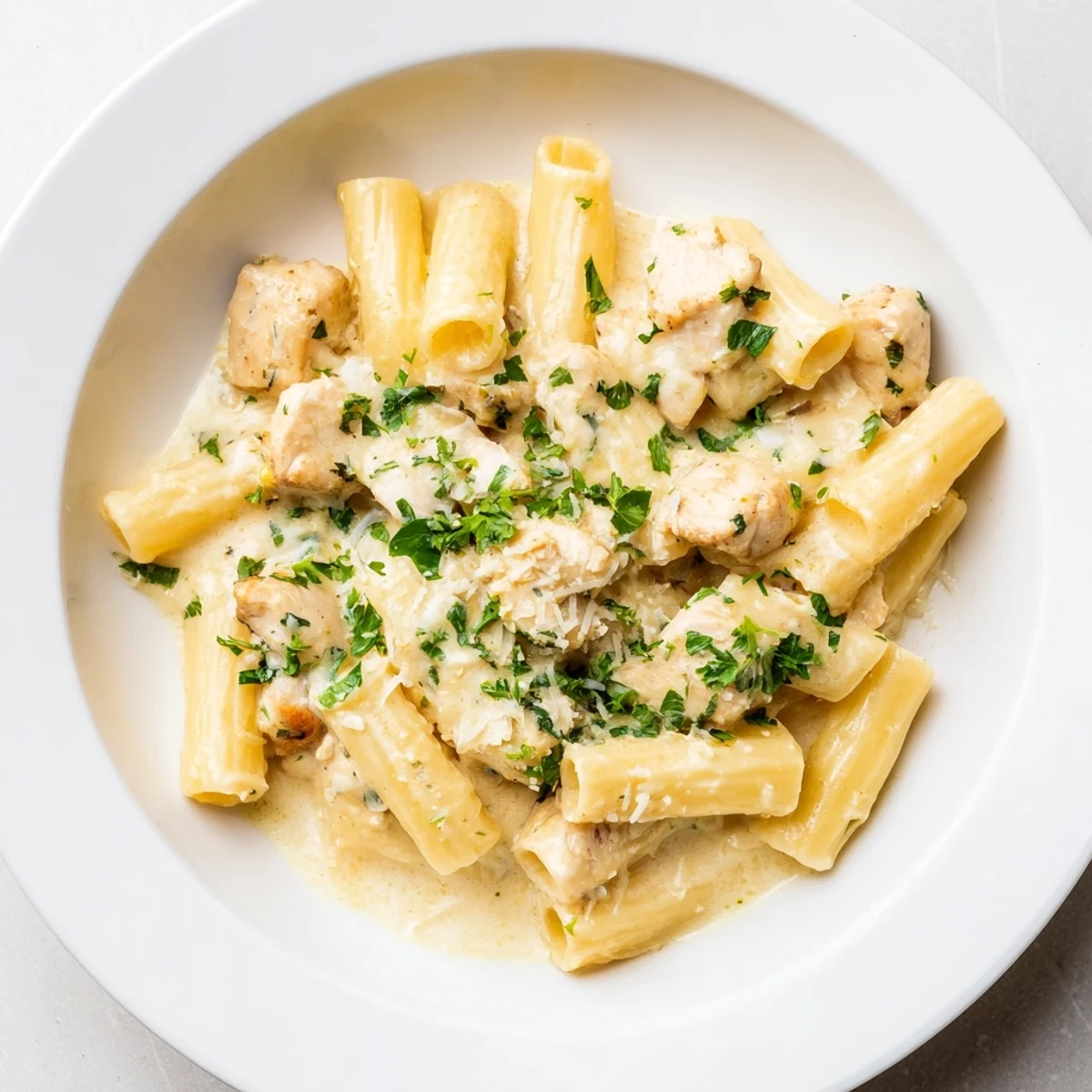 Image of Creamy Garlic Parmesan Chicken Rigatoni, a comforting and flavorful Italian-American pasta dish.