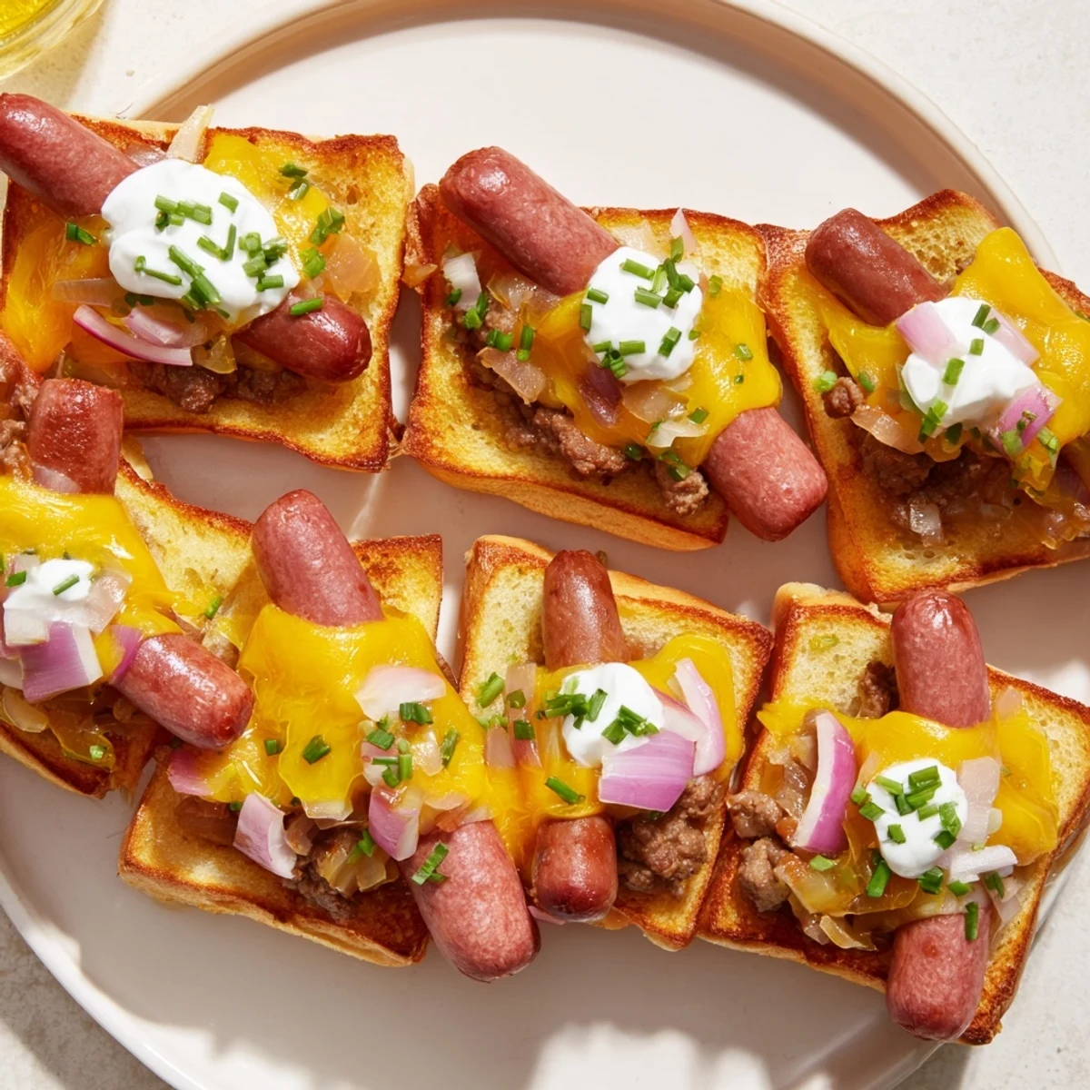 Golden, bubbly Chili Dog Casserole topped with melty cheese, perfect for a hearty dinner.