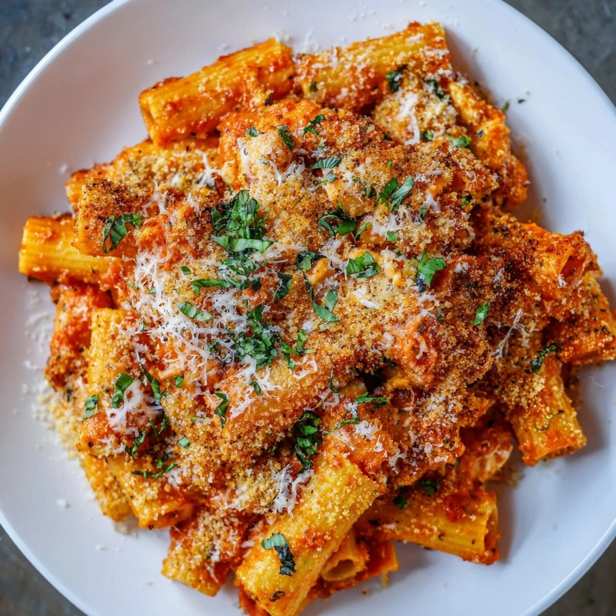 Golden, bubbly Baked Chicken Parmesan Pasta, ready to serve with a sprinkle of fresh herbs.