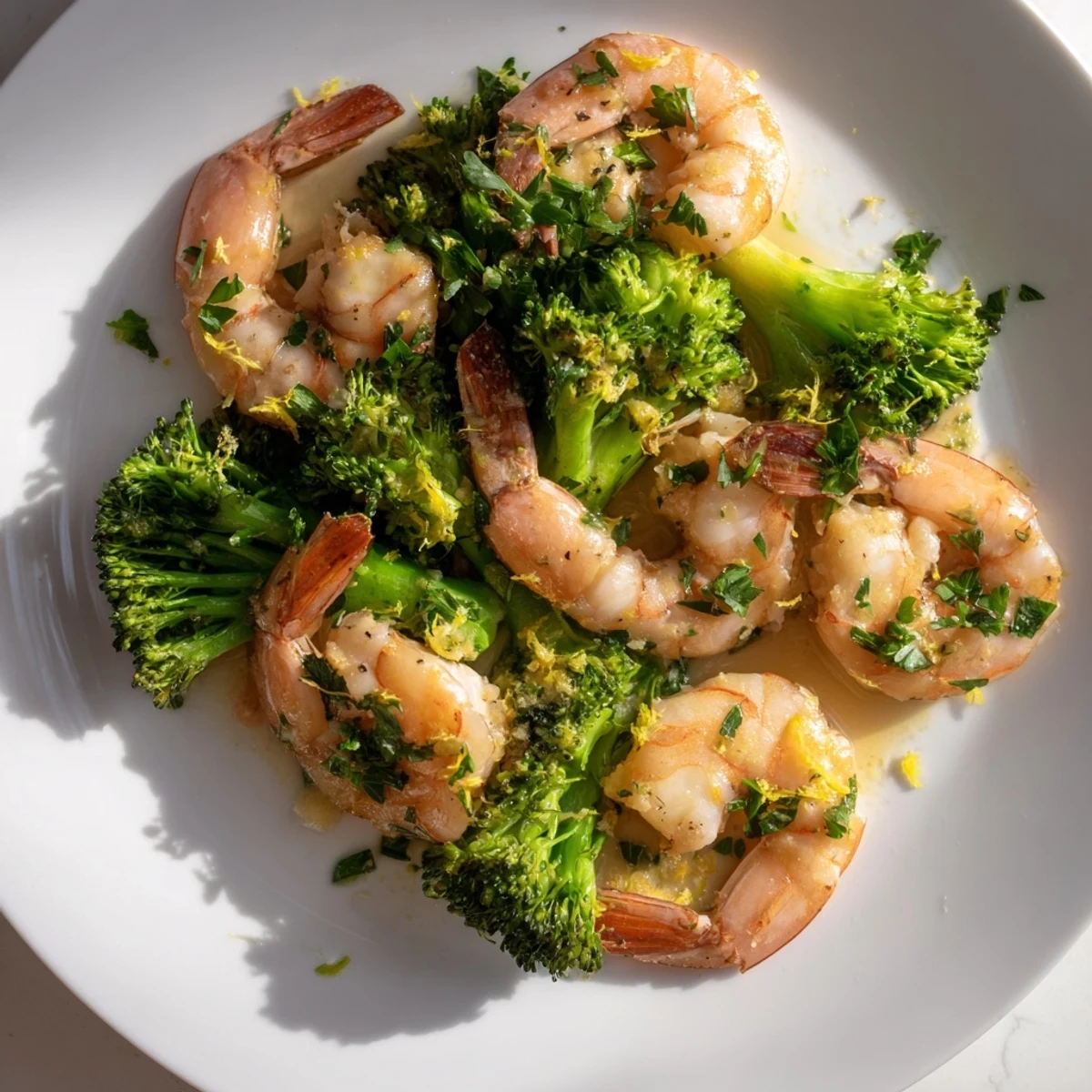 Golden-brown Lemon Butter Shrimp & Broccoli, a vibrant dish with garlic, and broccoli florets.
