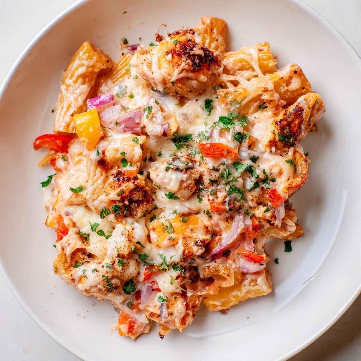Cajun chicken pasta bake bubbling hot with melted cheese and tender chicken pieces inside.