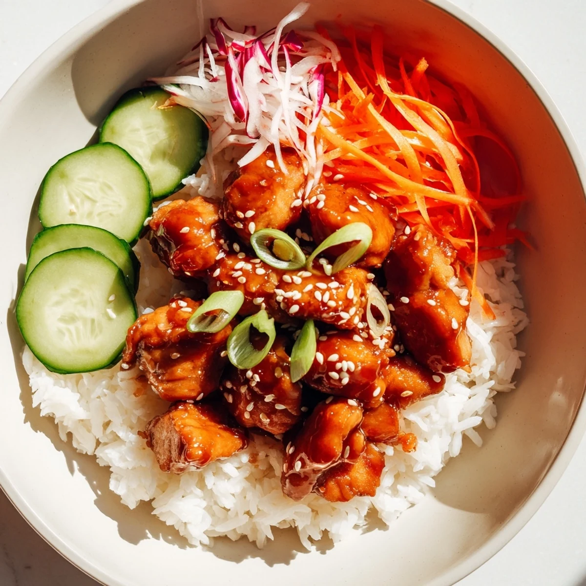 Sizzling Sriracha Honey Chicken Rice Bowl, a colorful dish with tender chicken atop fluffy rice.