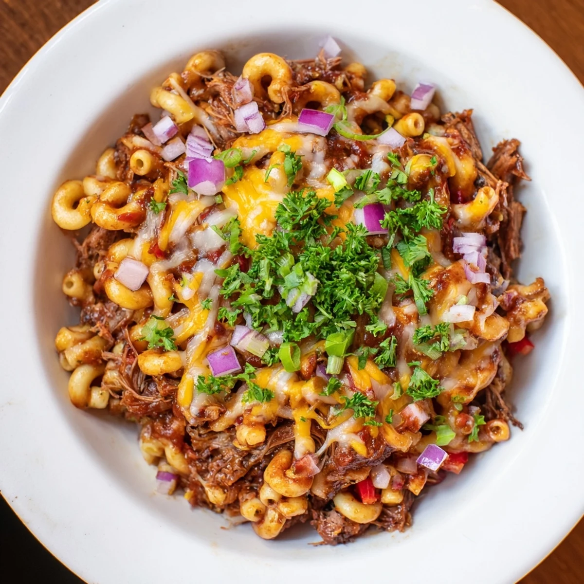 Creamy BBQ Rib Macaroni Skillet, topped with melted cheese, ready for serving with fresh garnishes.