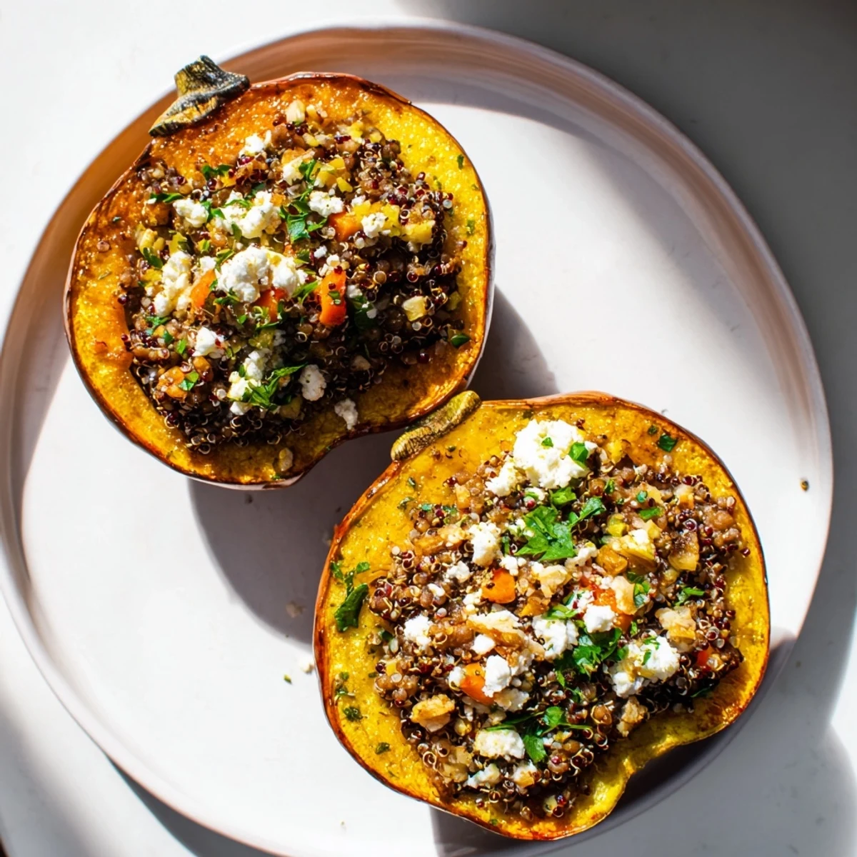 Savory Lentil & Walnut Stuffed Acorn Squash, steaming hot, ready for a delicious vegetarian meal.