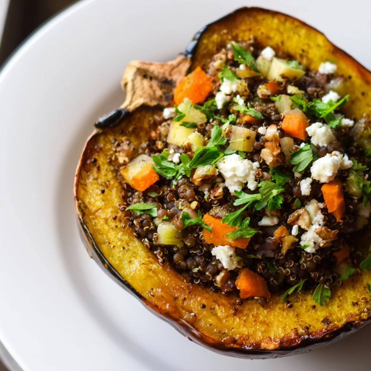 Golden brown Lentil & Walnut Stuffed Acorn Squash, with visible walnuts and fresh parsley garnish.