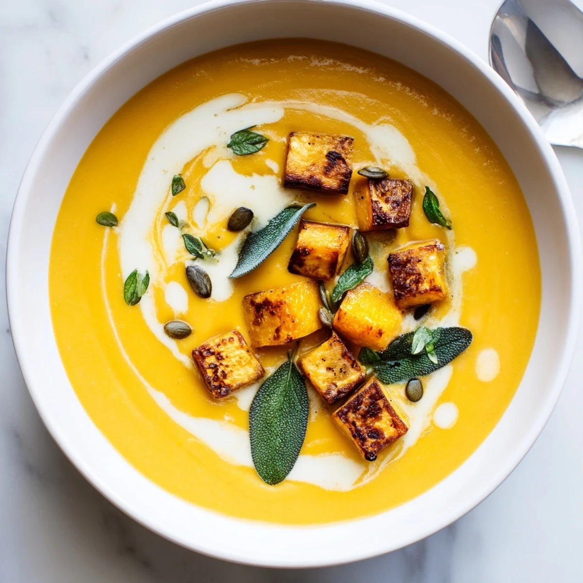 Golden Chickpea, Pumpkin & Sage Soup in a bowl, creamy and garnished with toasted seeds.