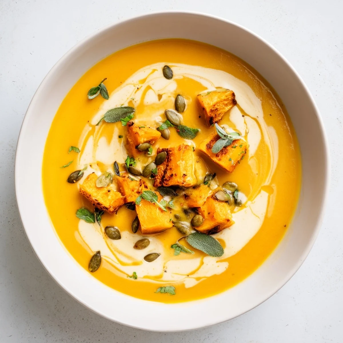 Pureed Chickpea, Pumpkin & Sage Soup showcasing roasted pumpkin, ready to be served hot.