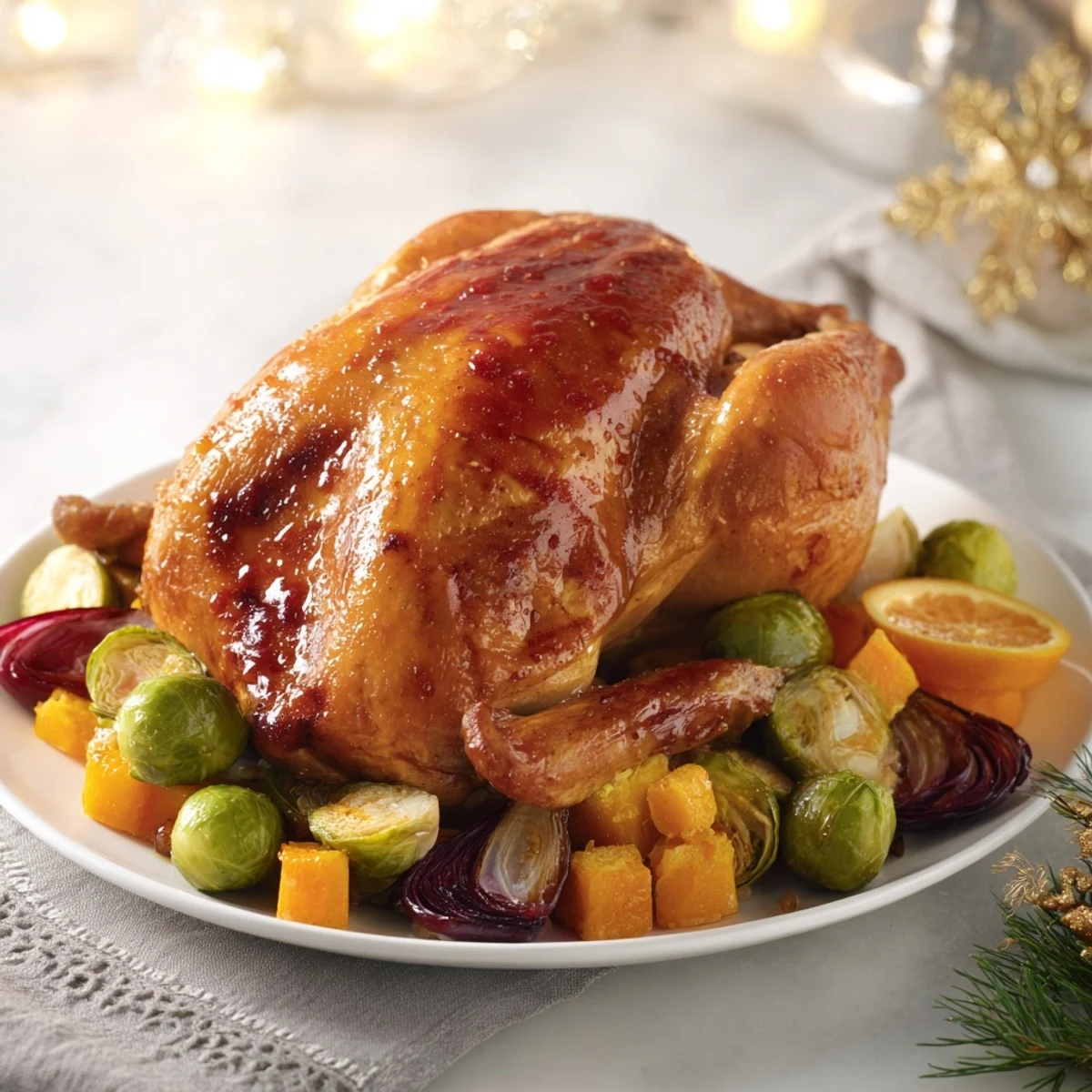 Sheet-Pan Roasted Turkey Breast with Winter Veggies, glistening with cranberry glaze, ready to serve.