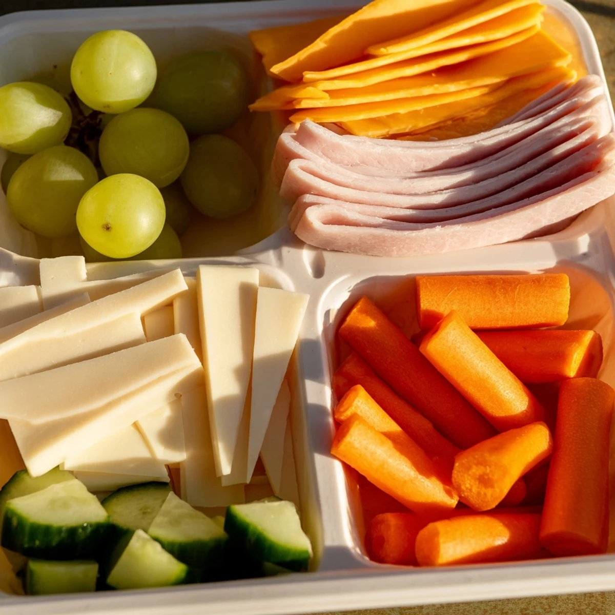 Perfectly assembled DIY Lunchables trays feature turkey, cheddar, and mini crackers for a quick snack.