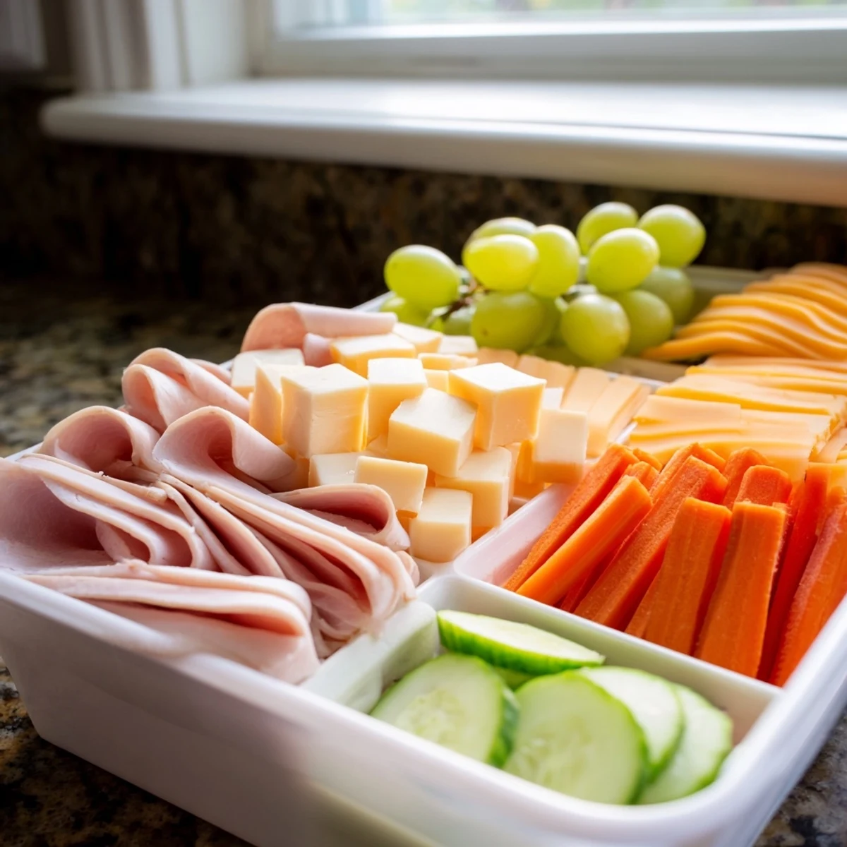 DIY Lunchables tray with sliced meats, cheese, crackers, and colorful veggies, ready to enjoy.