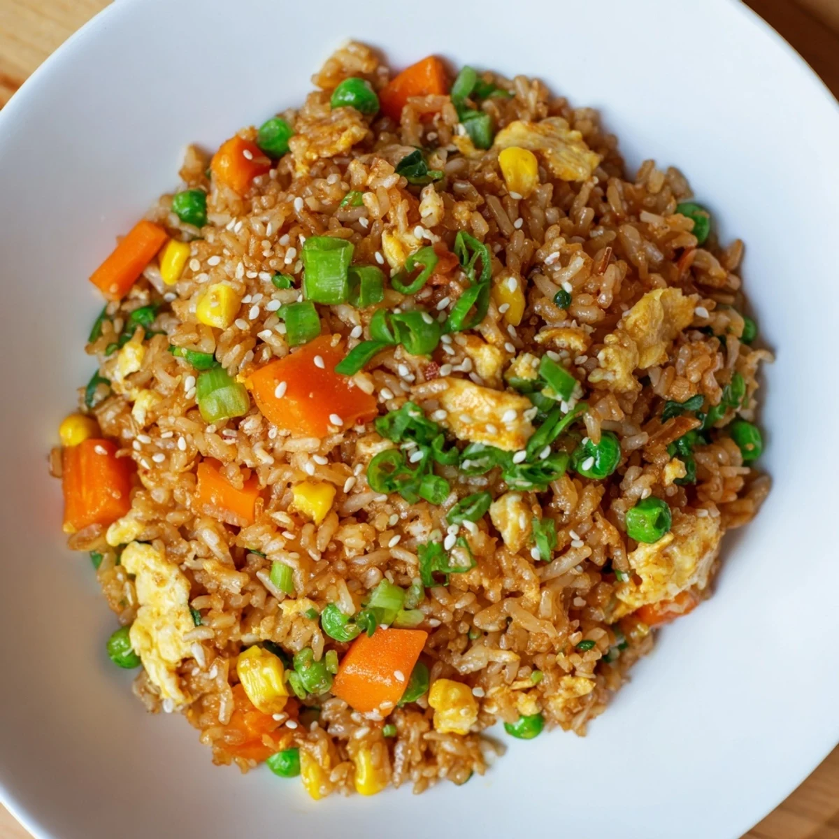 Steaming hot frozen veggie fried rice with visible fluffy eggs and vibrant mixed vegetables.