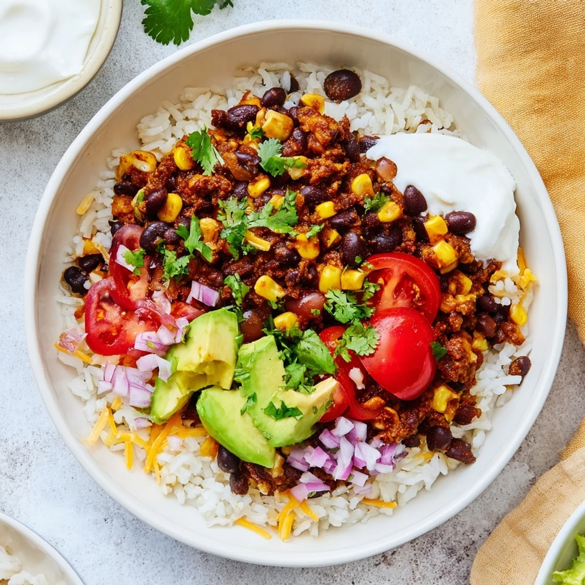 Text: A colorful Rice, Bean, and Corn Burrito Bowl with fresh toppings, offering a delightful Tex-Mex experience.