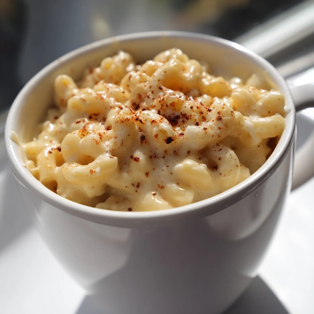 Quick and easy mug Mac & Cheese: a single serving of cheesy comfort, perfect for a fast lunch.
