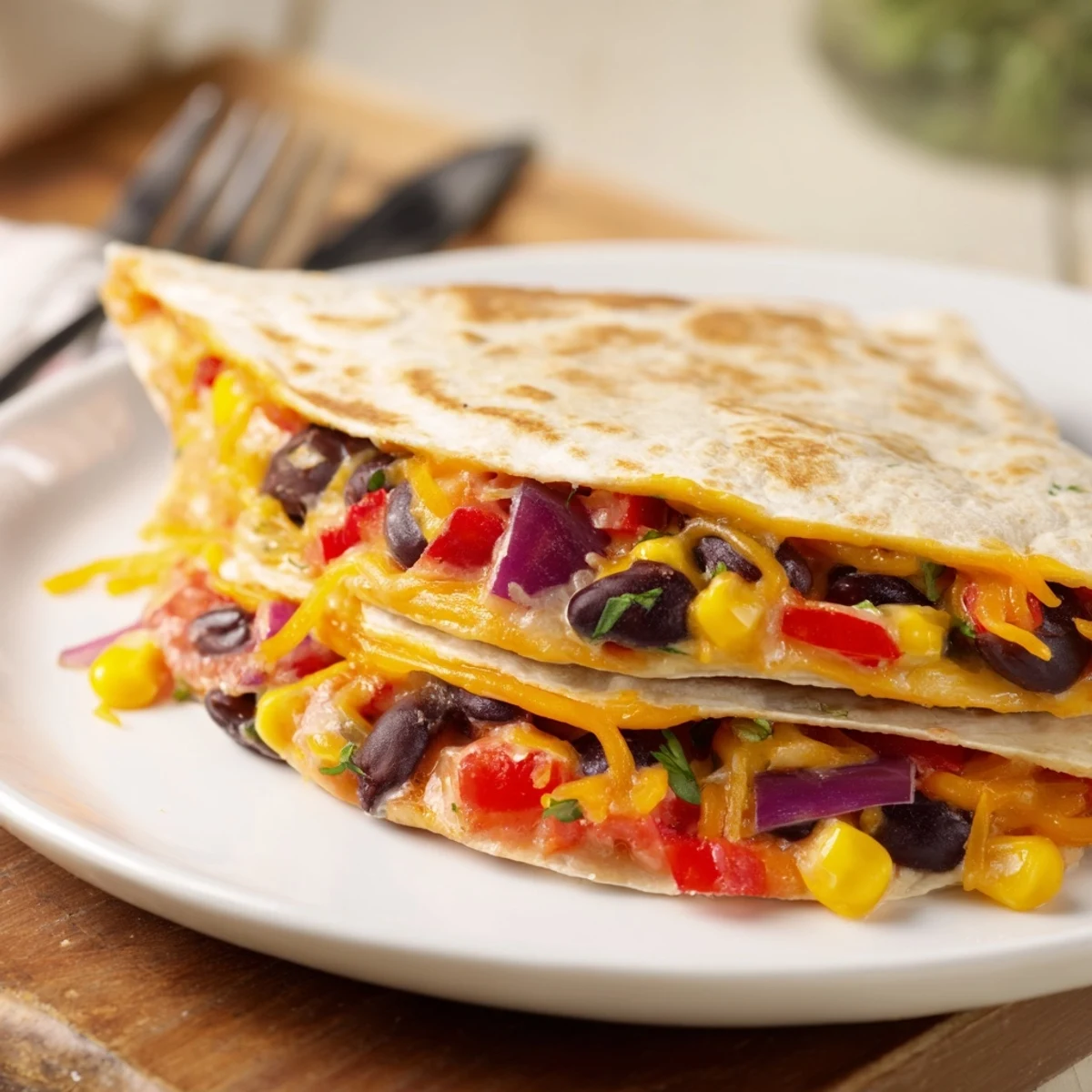 Golden-brown baked tortilla wrap hack with melted cheese and a vibrant bean filling.