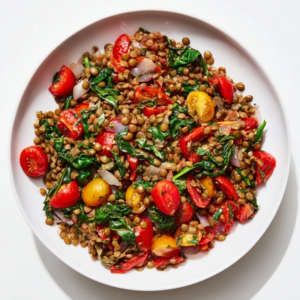 A flavorful Lentil-Tomato Skillet, showcasing vibrant red tomatoes with fresh herbs.