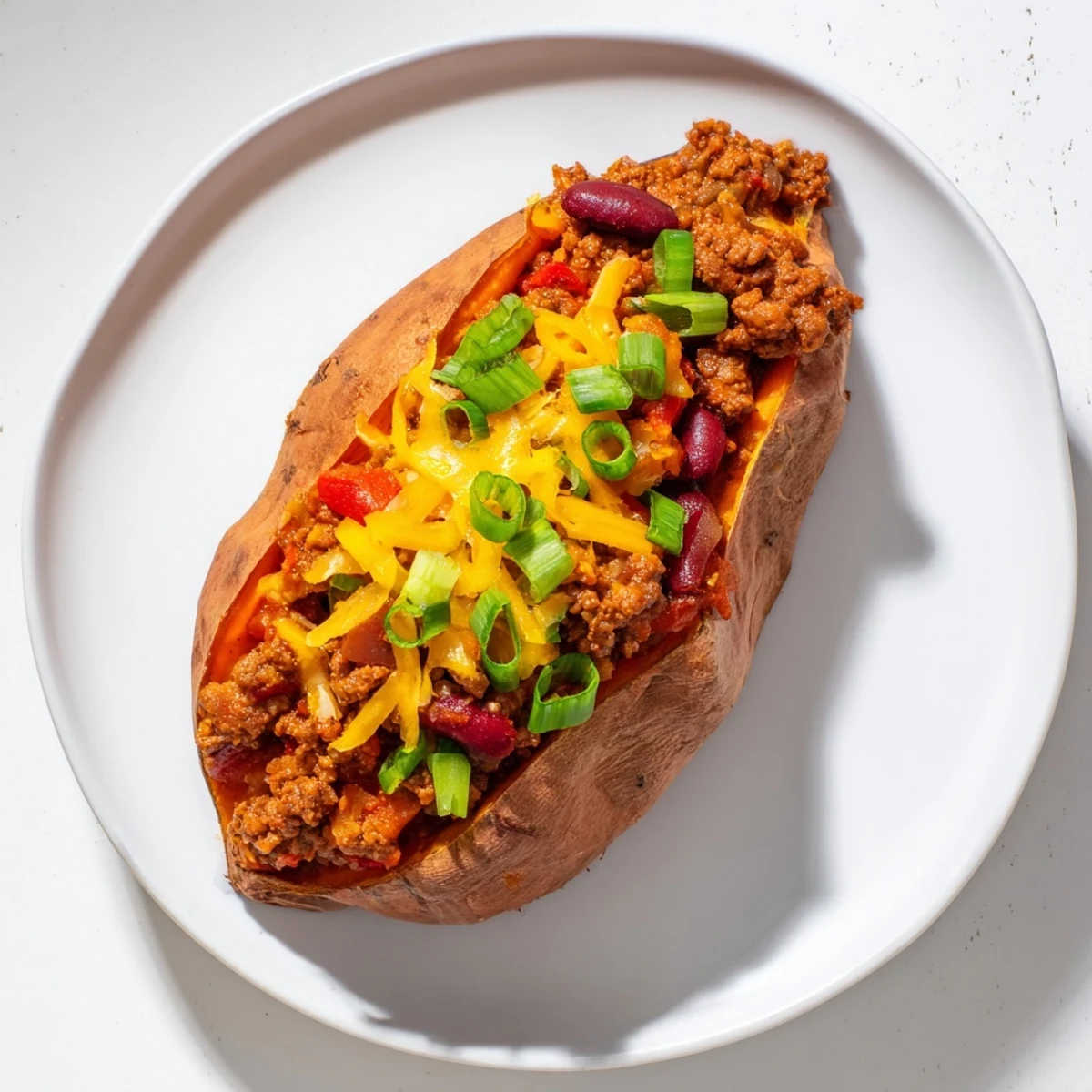 Steaming baked sweet potato stuffed with chili, topped with vibrant green onions and cheese, ready to eat.