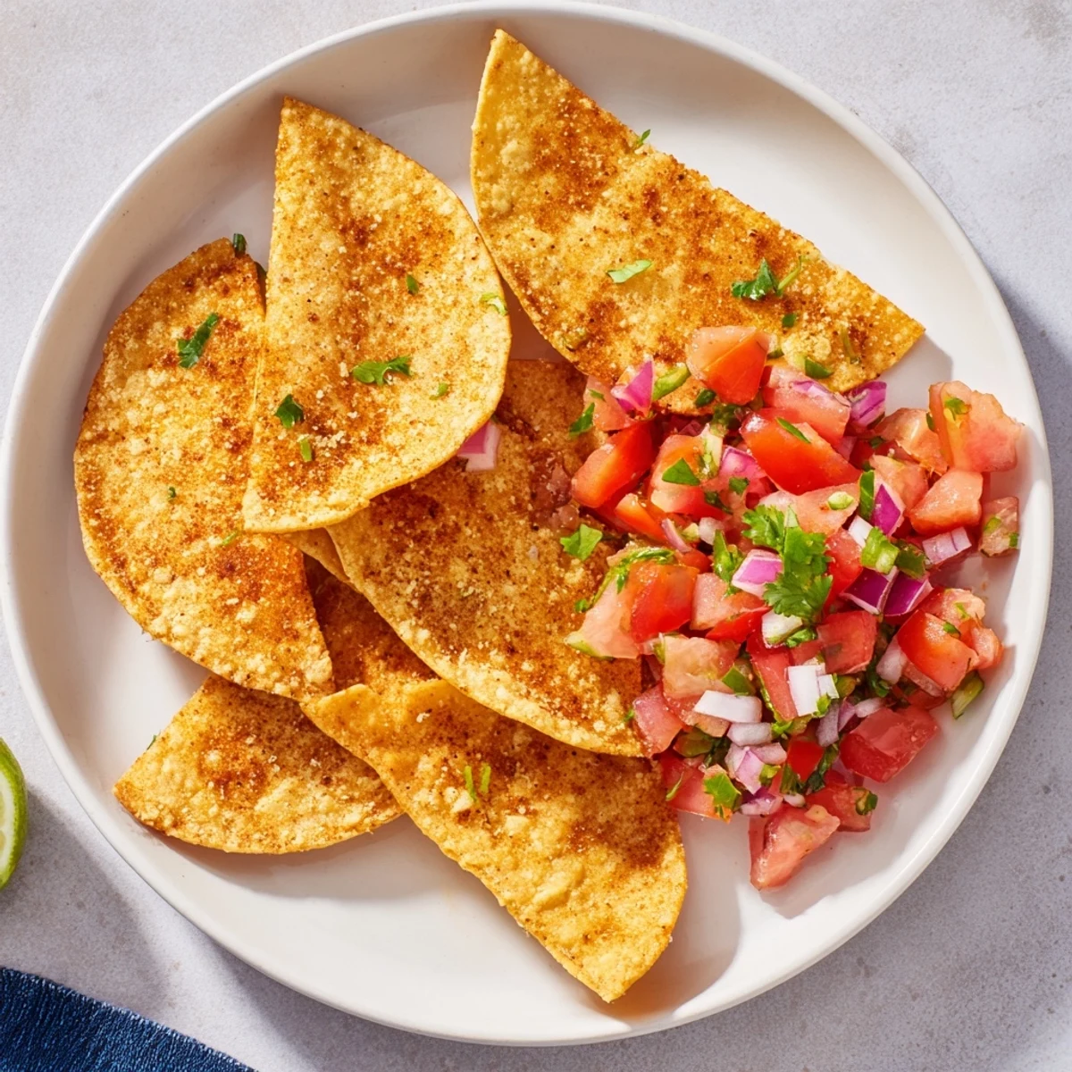 Perfectly cooked air-fryer tortilla chips, slightly salted, ready to be scooped with flavorful homemade salsa.