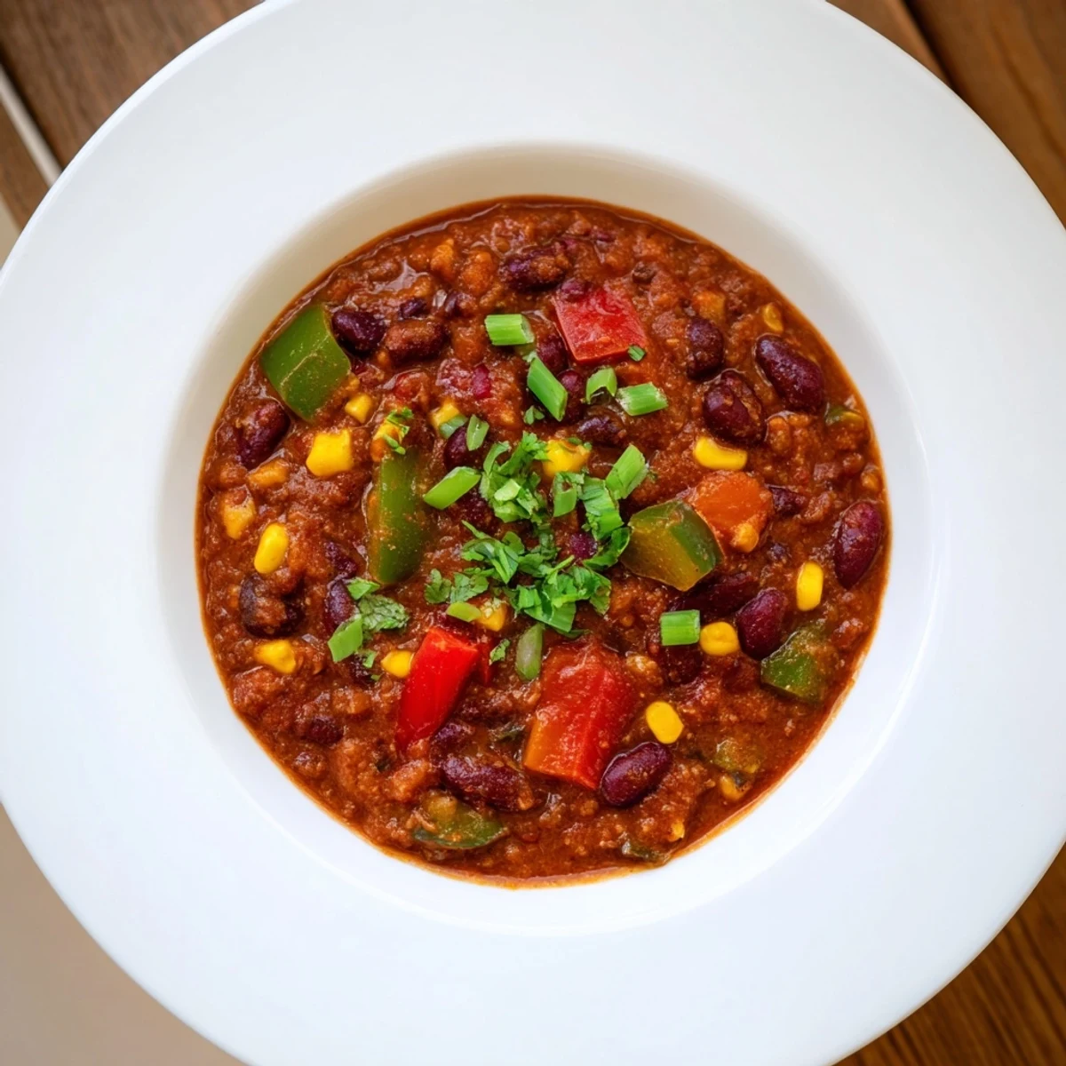 Steaming bowl of veggie chili, a vibrant mix of vegetables and beans, ready to enjoy.