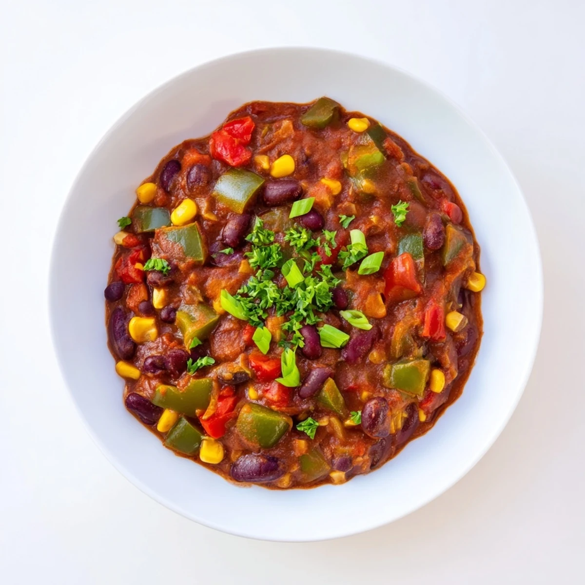 Delicious, vegan veggie chili with a rich tomato base, served with optional avocado slices.