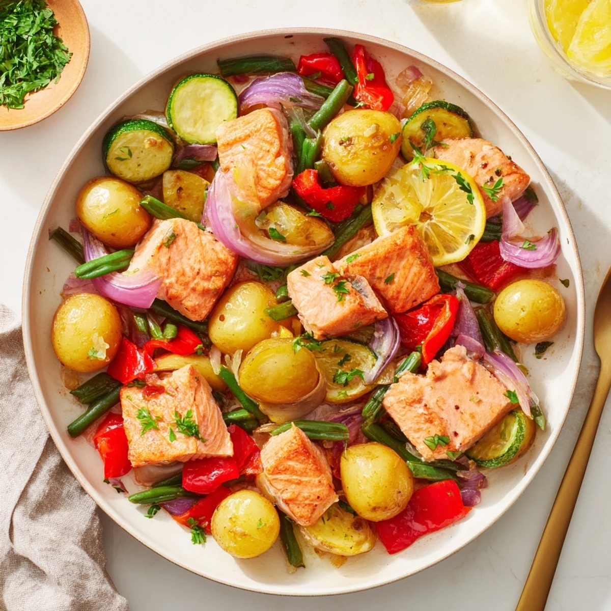 Golden, flaky salmon pieces nestle among vibrant vegetables and potatoes in this satisfying Salmon & Potato Skillet.