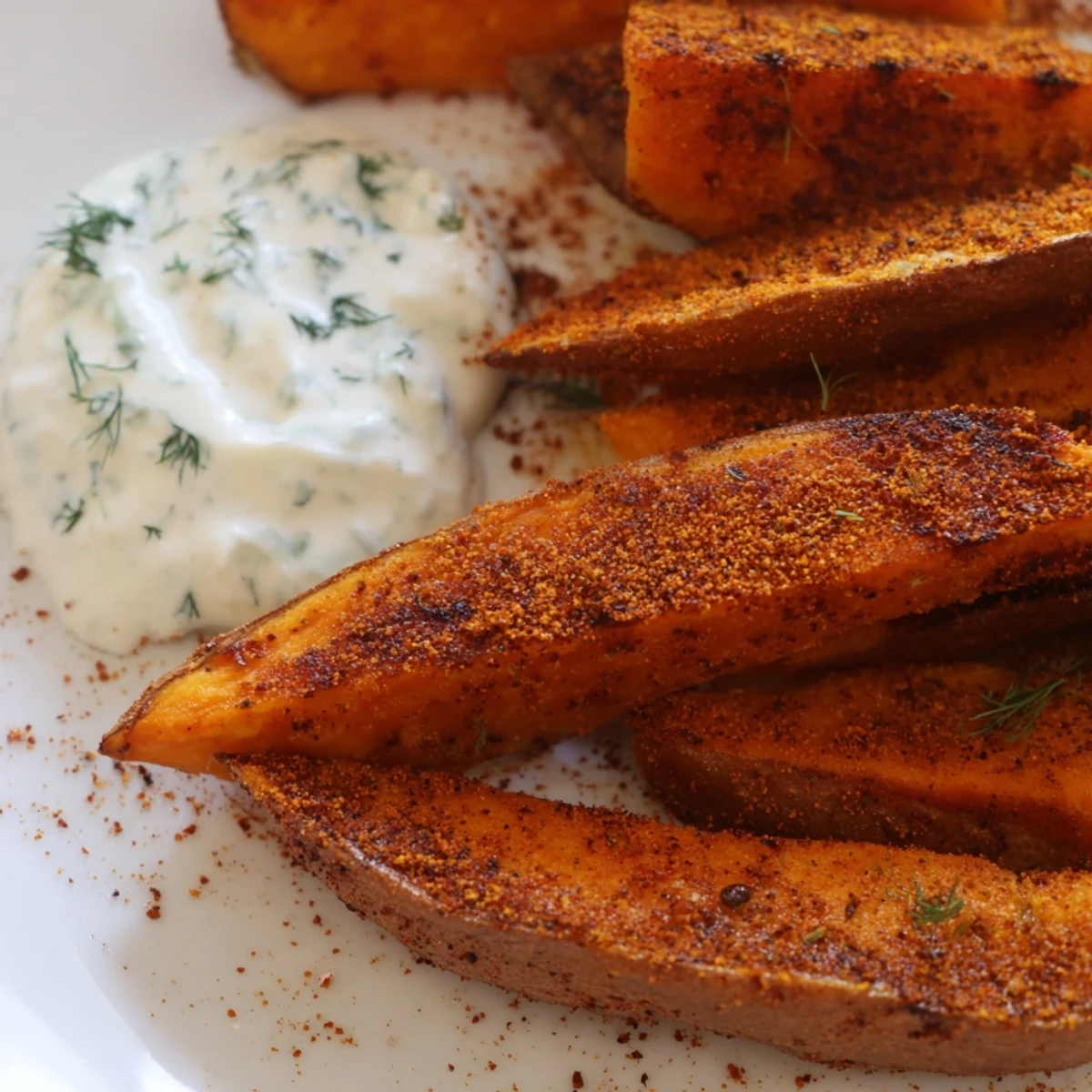 Close-up of crispy roasted sweet potato wedges sprinkled with spices, ready for dipping.