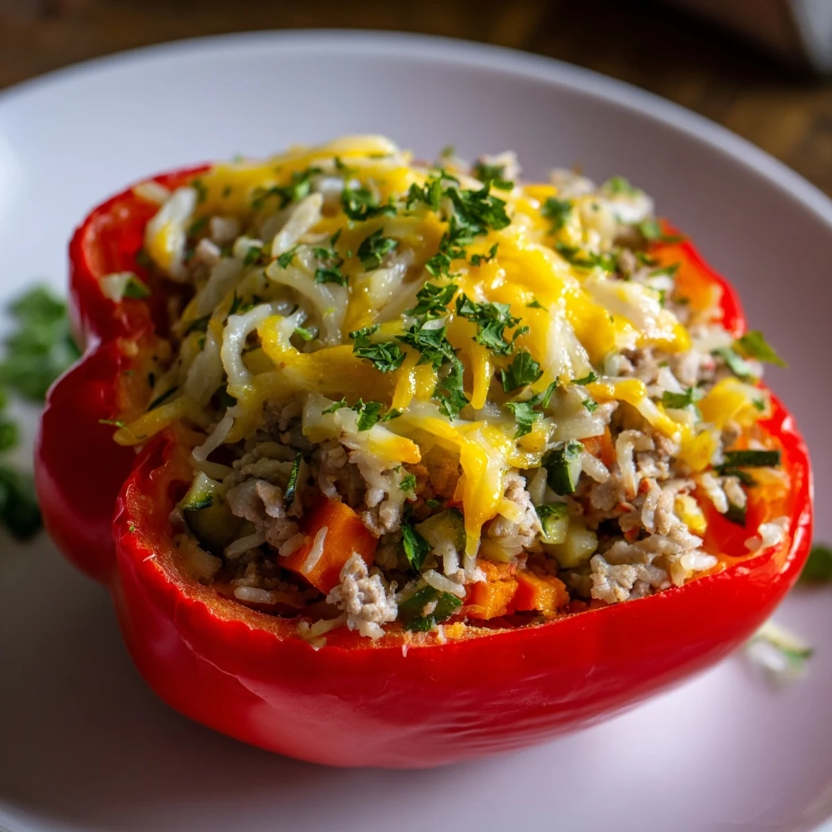 Vibrant red and yellow bell peppers, brimming with flavorful turkey and rice filling.