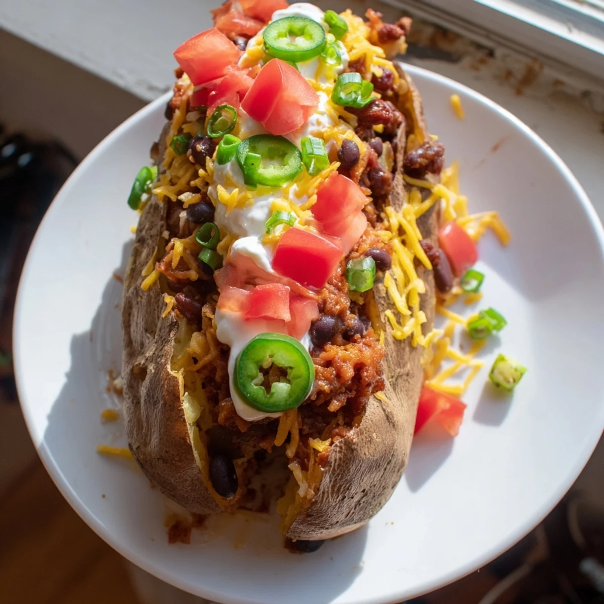 Fluffy loaded baked potato with chili, cheese, beans steaming warm, ready to eat.
