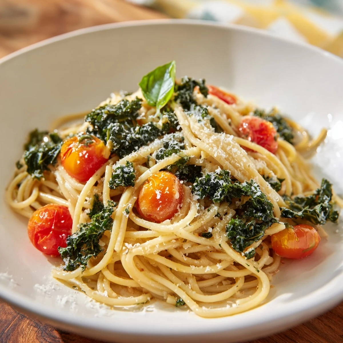 Steaming one-pot spaghetti with kale and tomatoes, plated with fresh basil and Parmesan cheese.