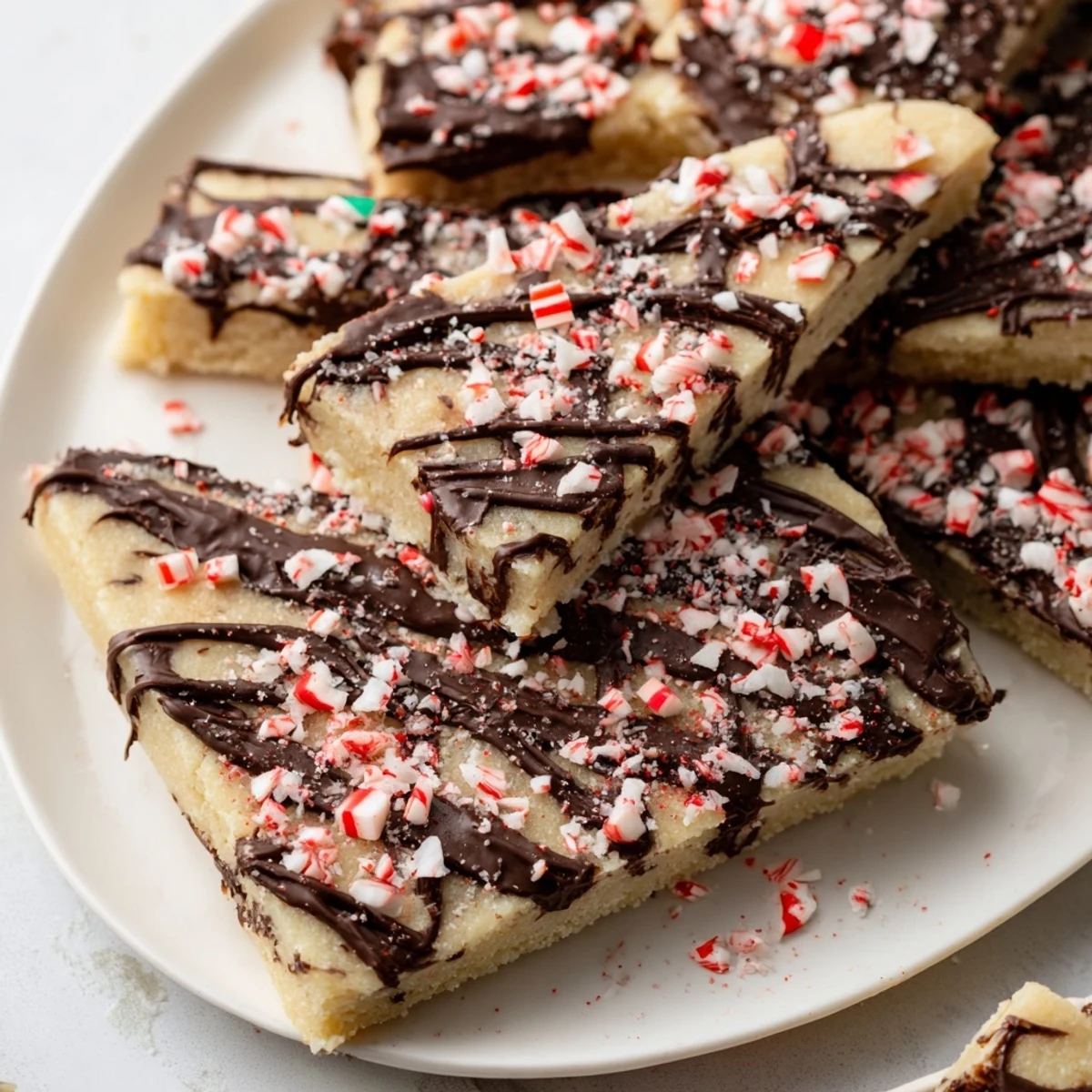 Warm chocolate peppermint shortbread wedges, beautifully drizzled, ready to enjoy this holiday season.