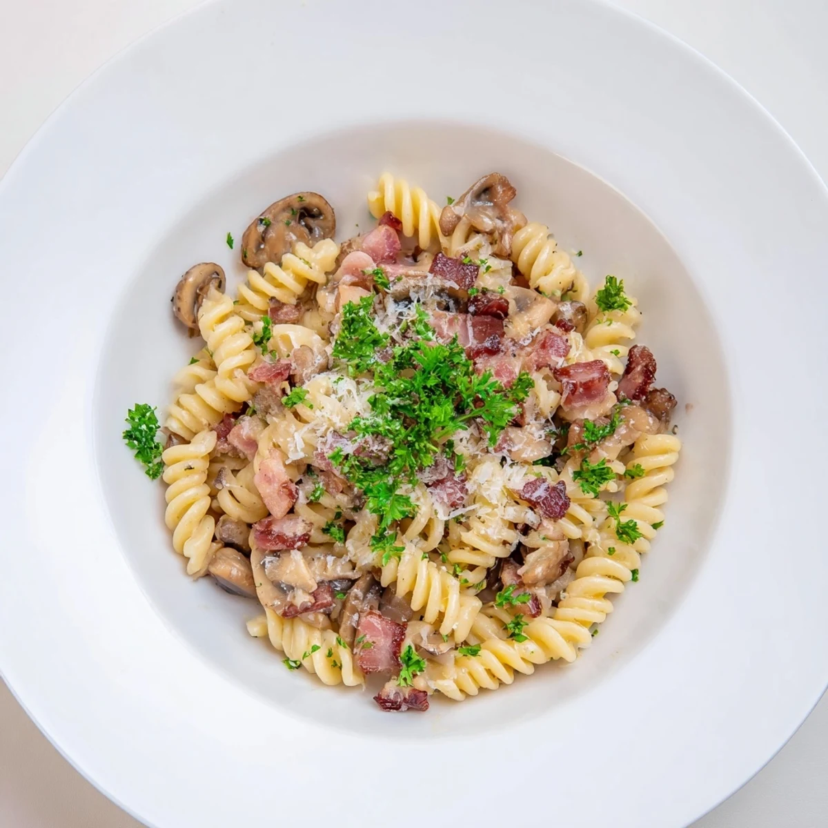 Tempting view: close-up of fusilli with bacon, onions, and mushrooms sprinkled with Parmesan.