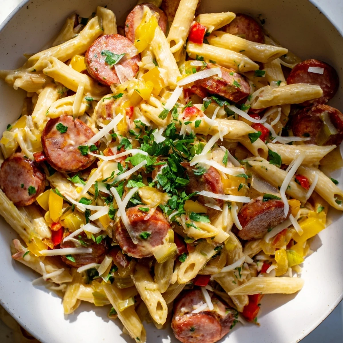 A steaming bowl of Cajun Spiced Smoked Sausage Alfredo, creamy with parsley garnish.