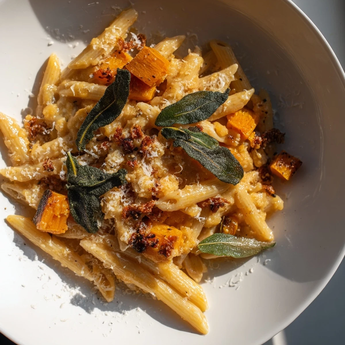 Golden Brown Butter Pasta with Butternut Squash, a comforting vegetarian meal cooked in a skillet.