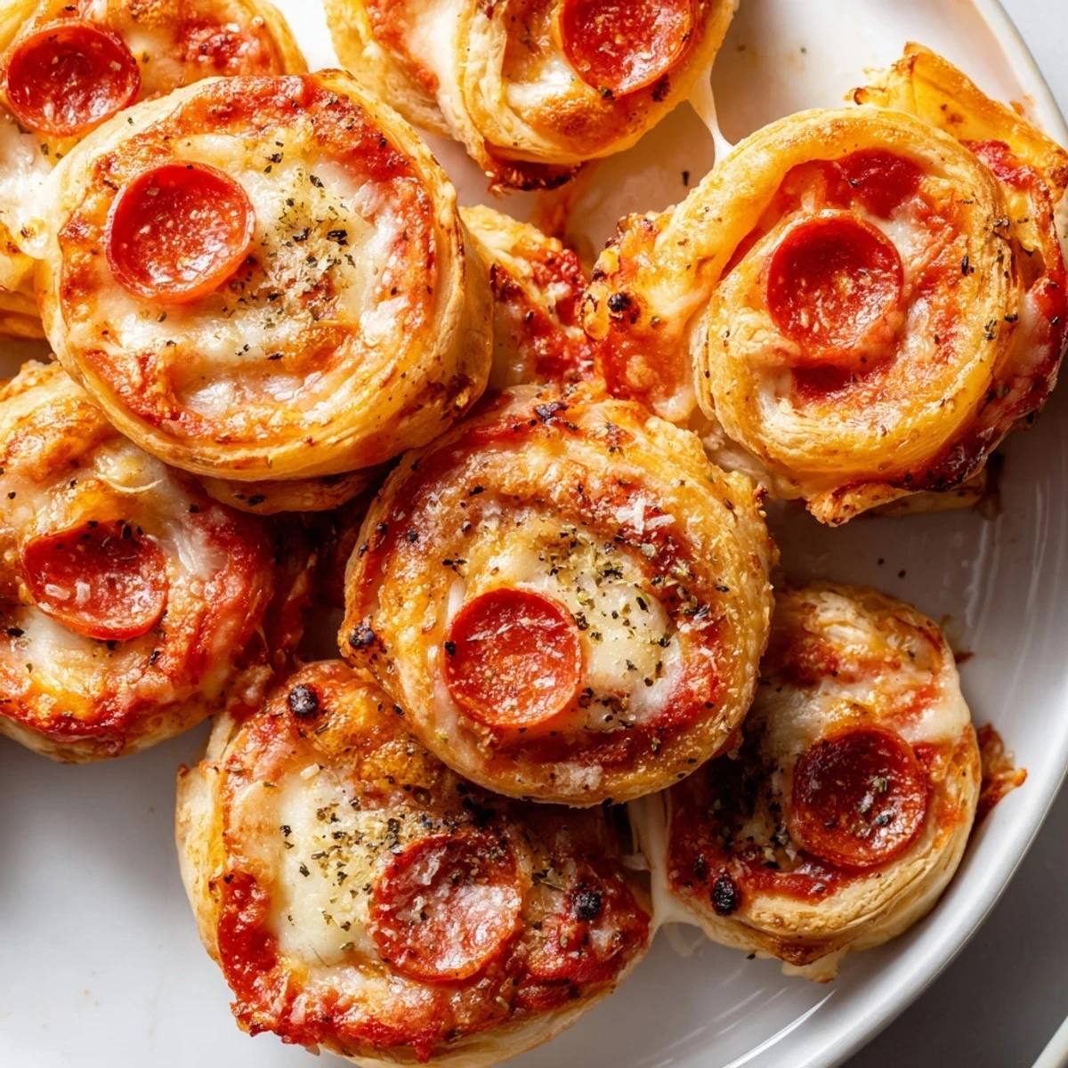 Golden brown Mini Pepperoni Pizza Pinwheels, fresh from the oven, offer a tempting aroma.