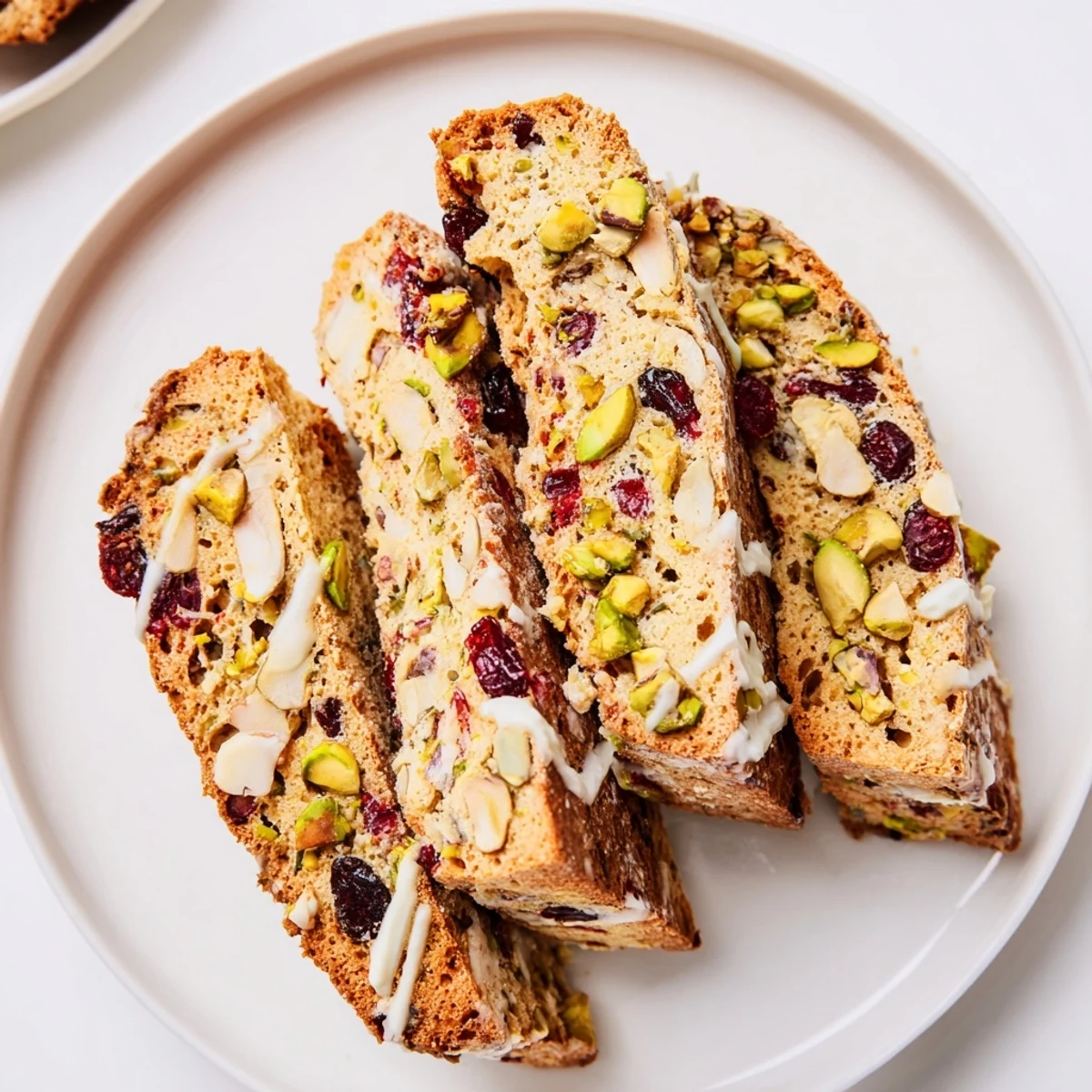 Golden-brown White Chocolate Cranberry Pistachio Biscotti, perfect for pairing with your favorite coffee beverage.