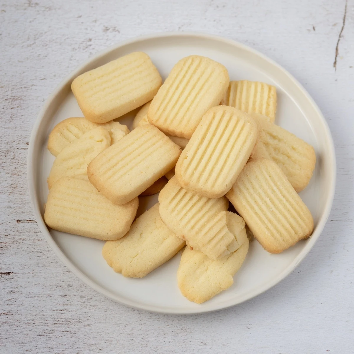 Golden-edged classic shortbread cookies, perfect for tea, with a crumbly, buttery texture, ready to enjoy.