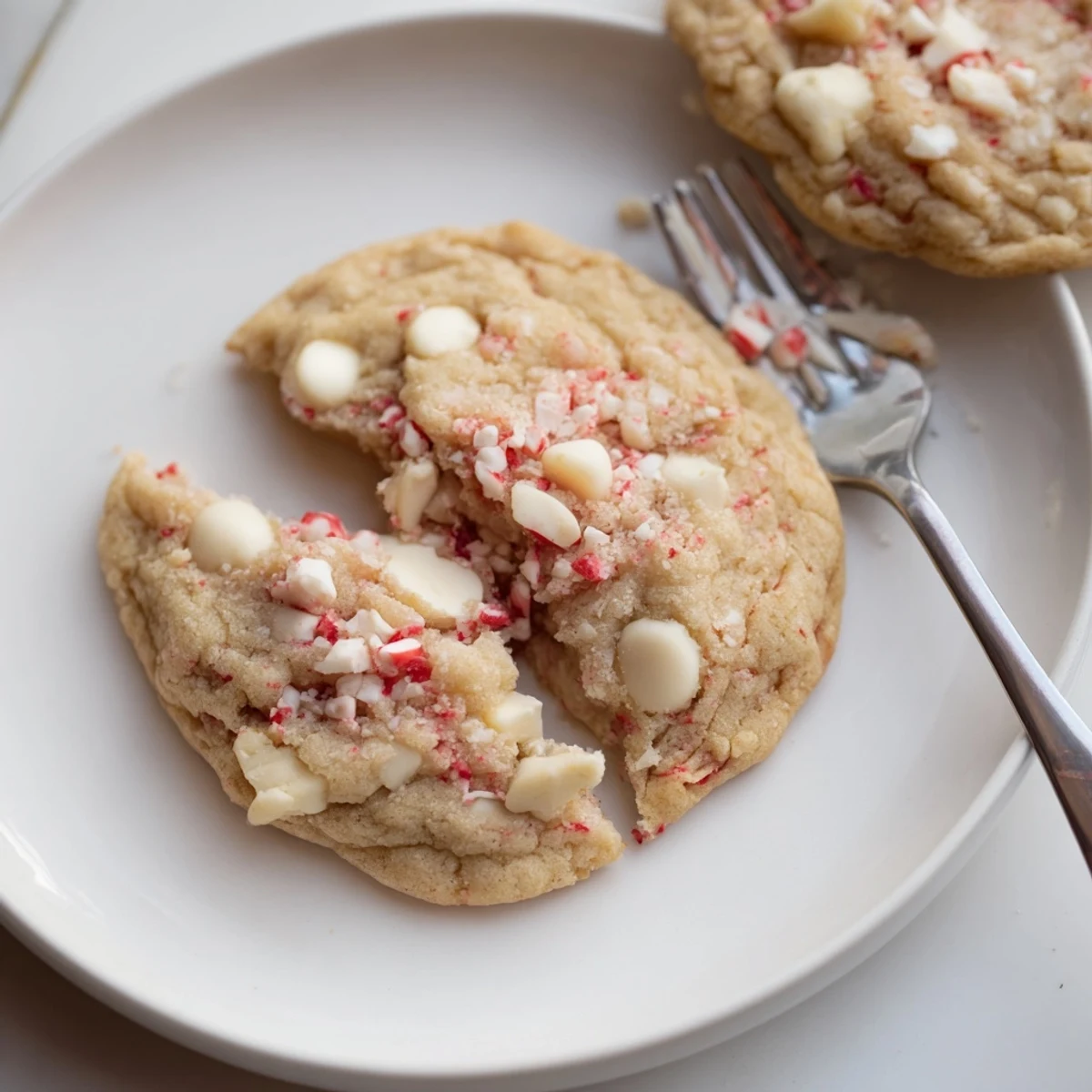 Freshly baked White Chocolate Peppermint Bark Cookies, with glistening white chocolate chips and peppermint crunch, perfect for sharing.