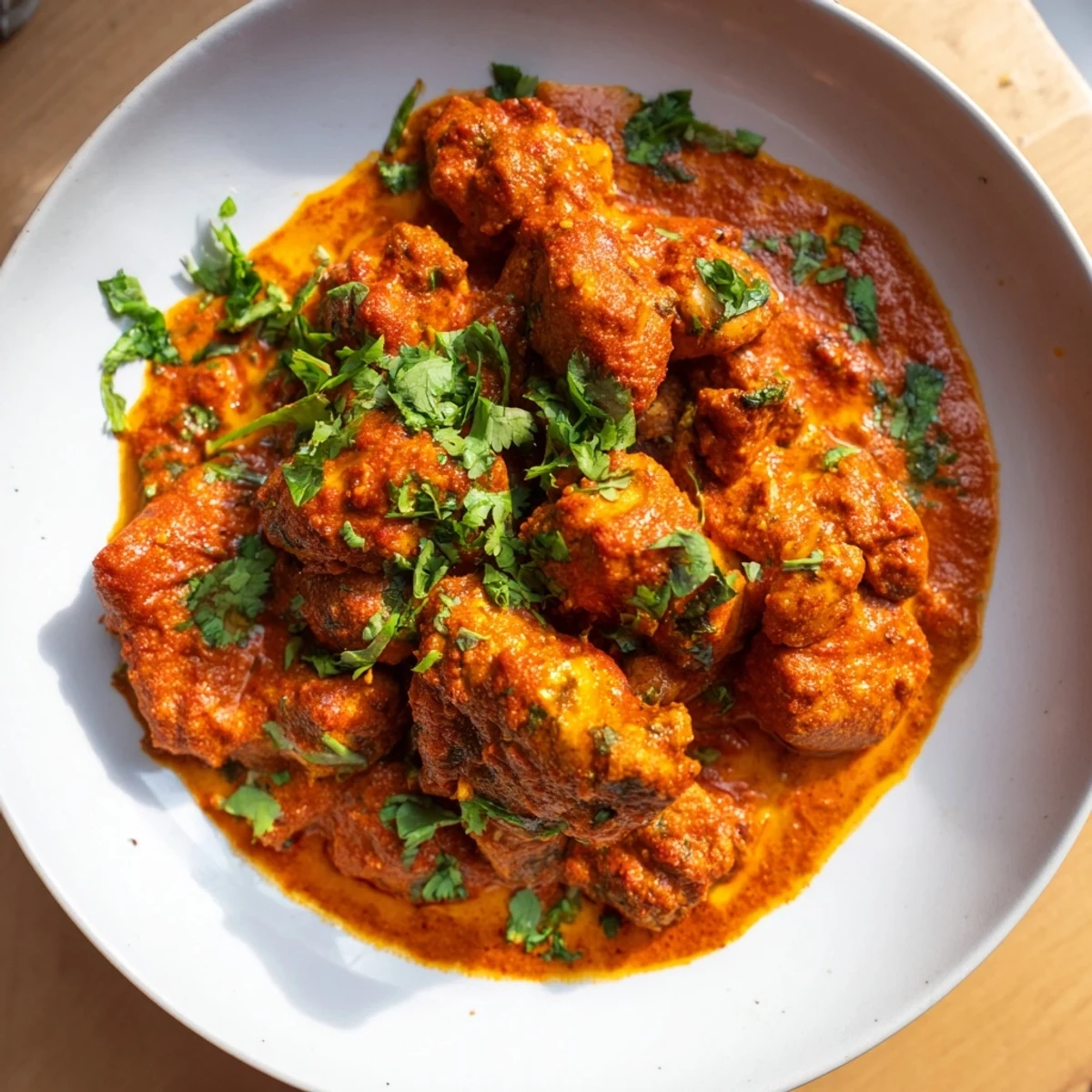 The finished Instant Pot chicken tikka masala, garnished with fresh cilantro, ready to serve with rice.