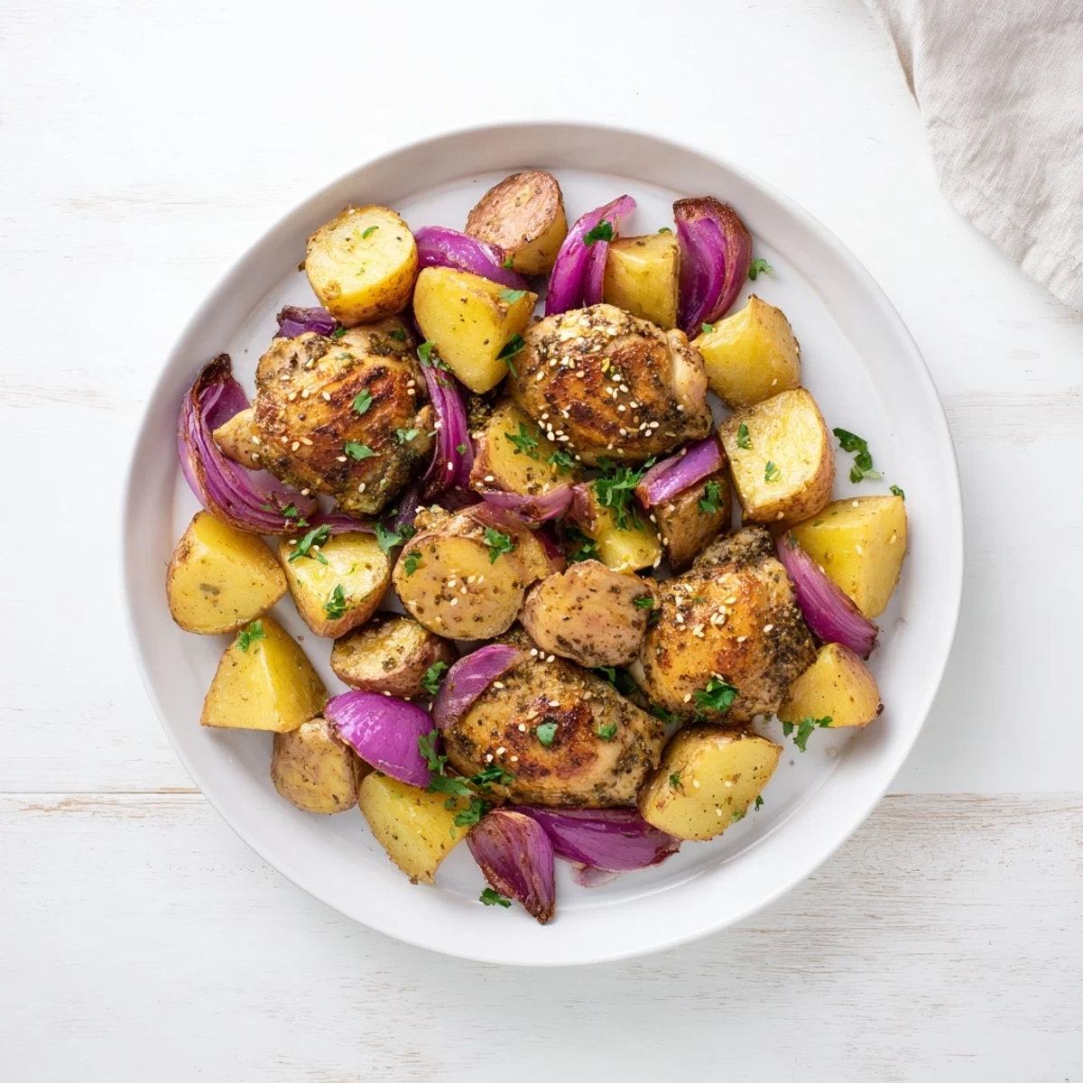 Golden, crisp Pan-Roasted Zaatar Chicken and Potatoes, beautifully served with fresh parsley garnish.