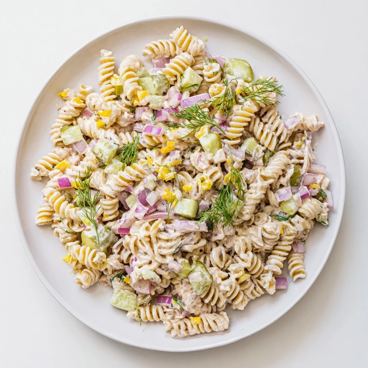 Dill Pickle Pasta Salad with creamy dressing, fresh dill and cheddar, ready to serve!