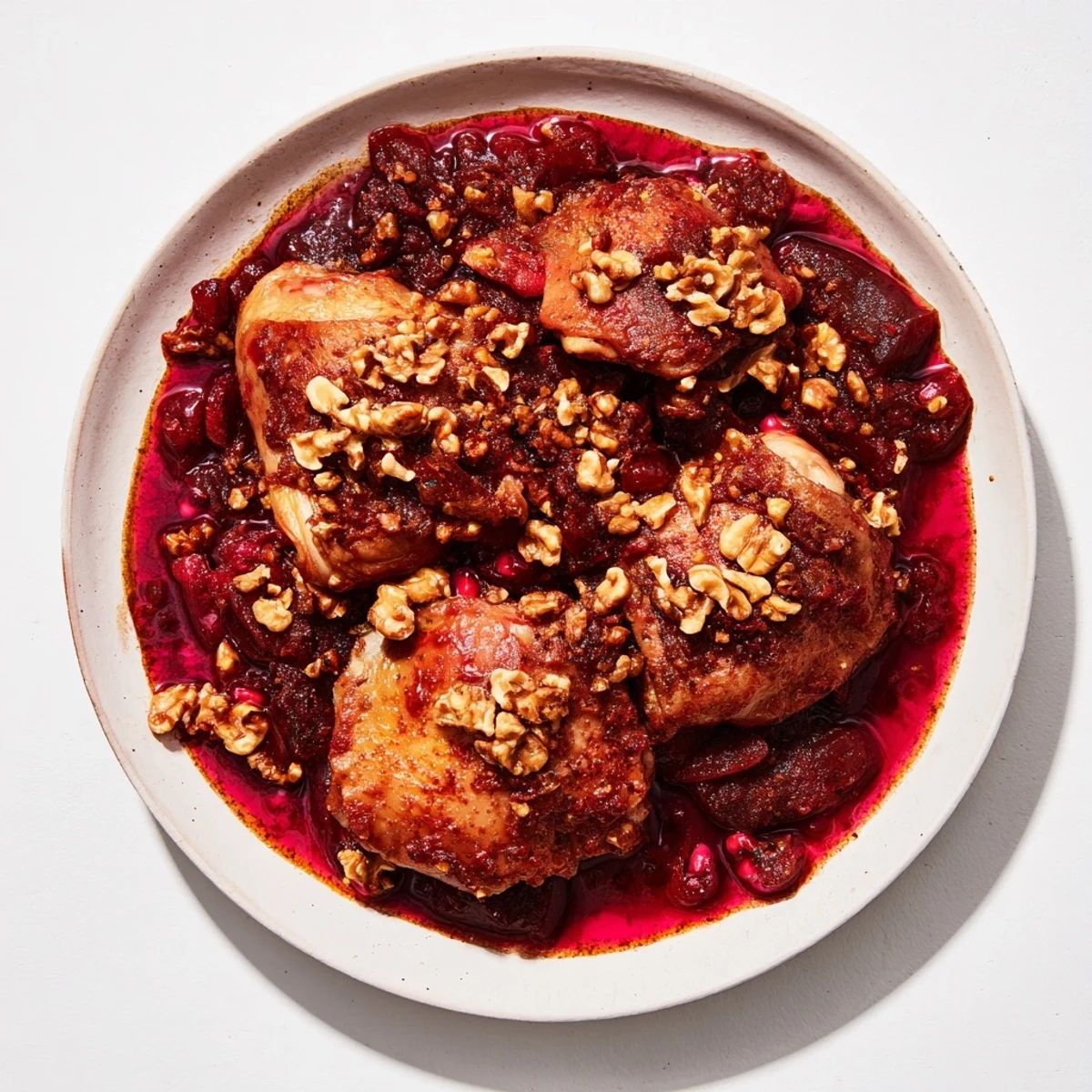 Budget Fesenjan Stew with chicken thighs glistening, served in a warm bowl, ready to enjoy with rice.
