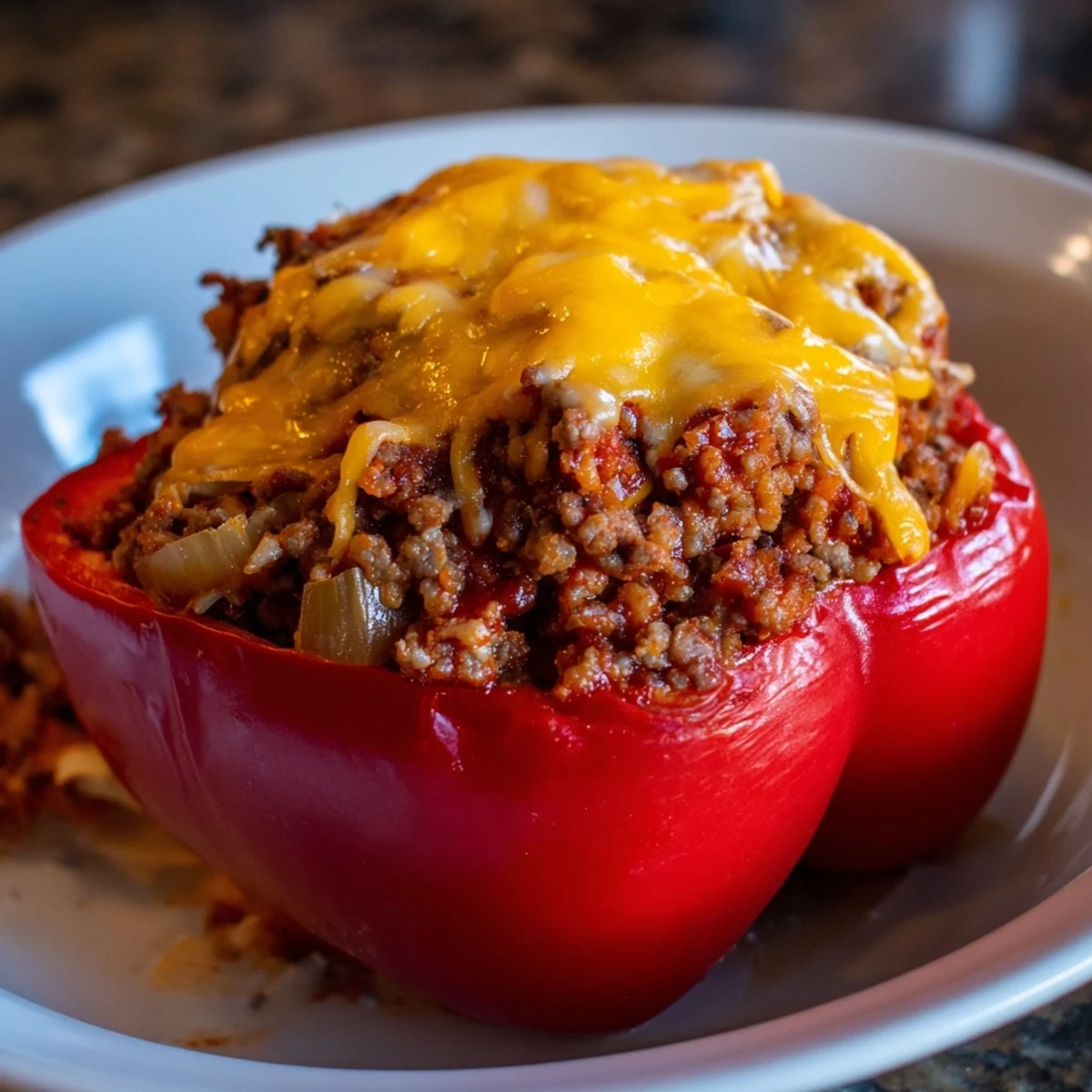 Sloppy Joe Stuffed Bell Peppers overflowing with savory ground beef and melted cheddar cheese, ready to eat.