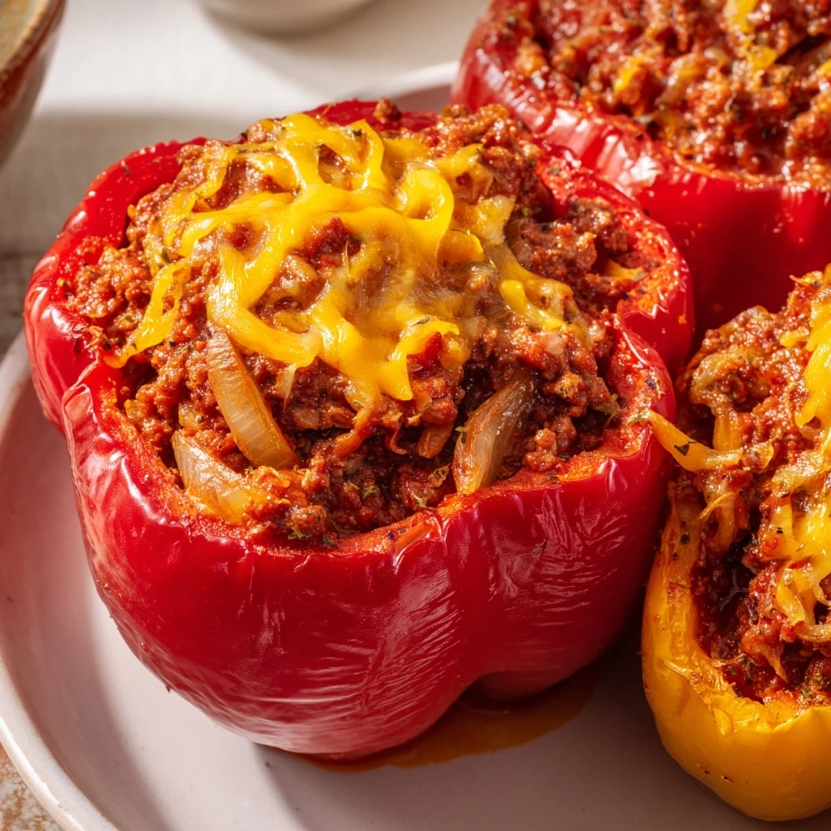 Get ready to savor these baked Sloppy Joe Stuffed Bell Peppers with a rich tomato sauce filling and delicious toppings.