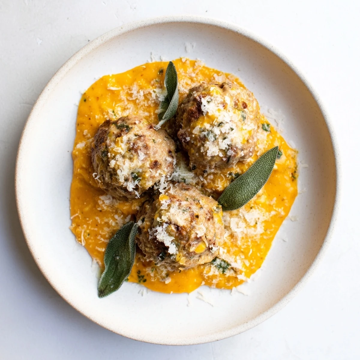 A comforting bowl of Turkey Meatballs with Pumpkin Sage Sauce, ready to be enjoyed.