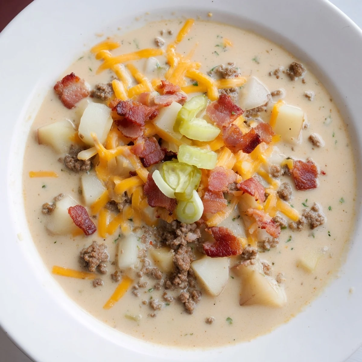 Steaming bowl of Crockpot Cheeseburger Soup ready, topped with crispy bacon and fresh cheddar cheese.