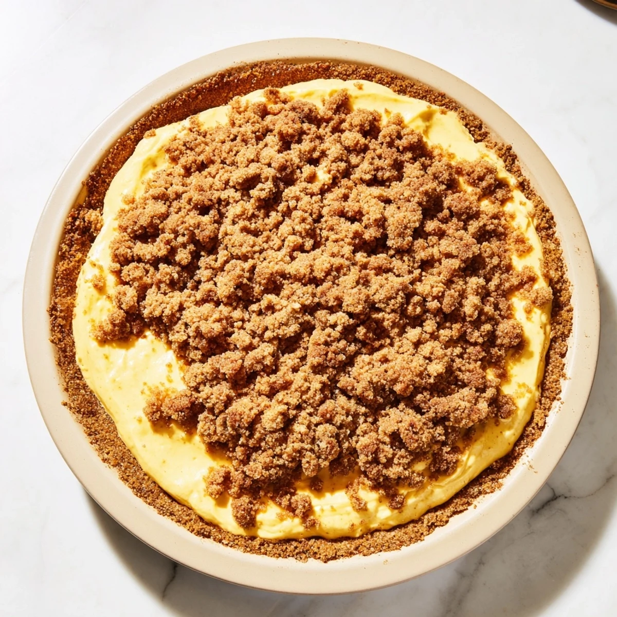 Buttery brown sugar crumble topping generously blankets this baked pumpkin crisp, promising delicious sweetness.